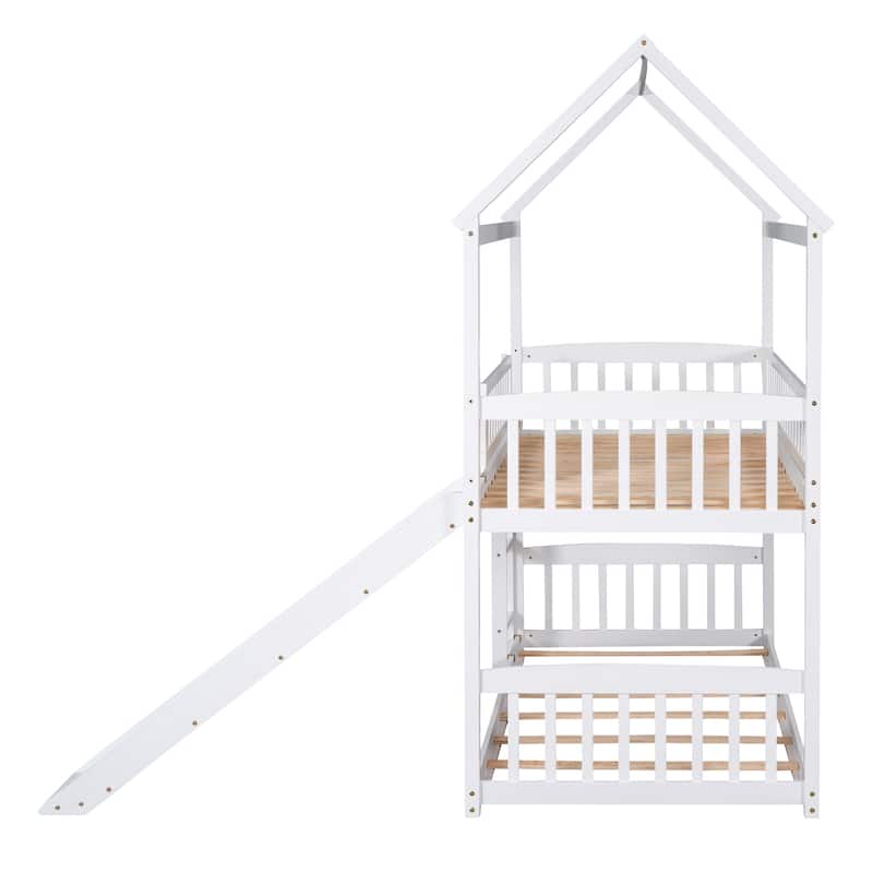 House-Shaped Twin Over Twin Bunk Bed with Slide, House Bed with Safety Guardrail & Roof Frame Wood Slat Support Easy Assembly