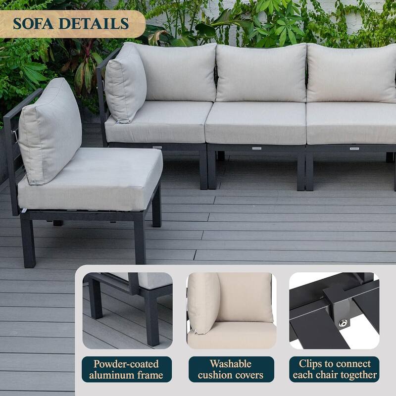 Chelsea 6-Piece Outdoor Patio Sectional Set in Black Aluminum with Removable Cushions for Backyard Garden and Patio Deck