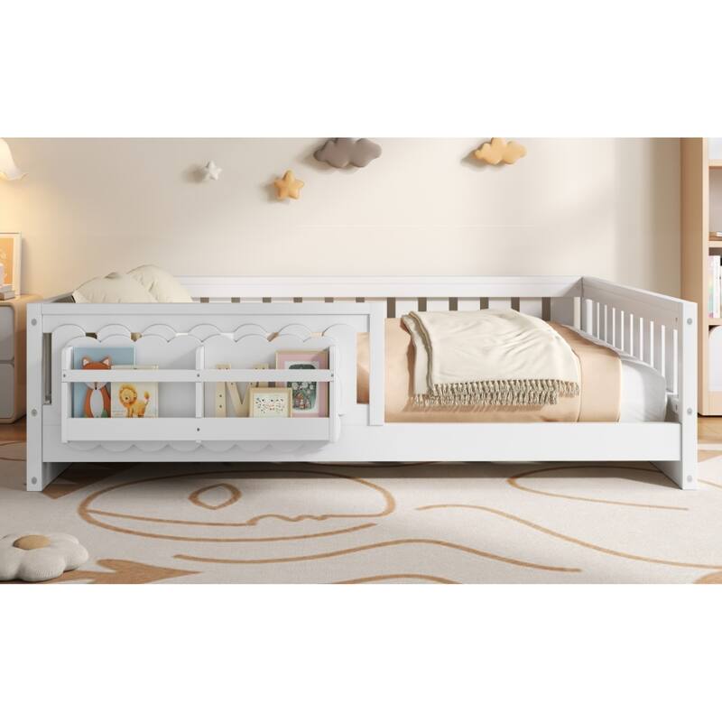 Roomfitters Full Size Wood Platform Bed with Guardrail and 2 Bookshelves