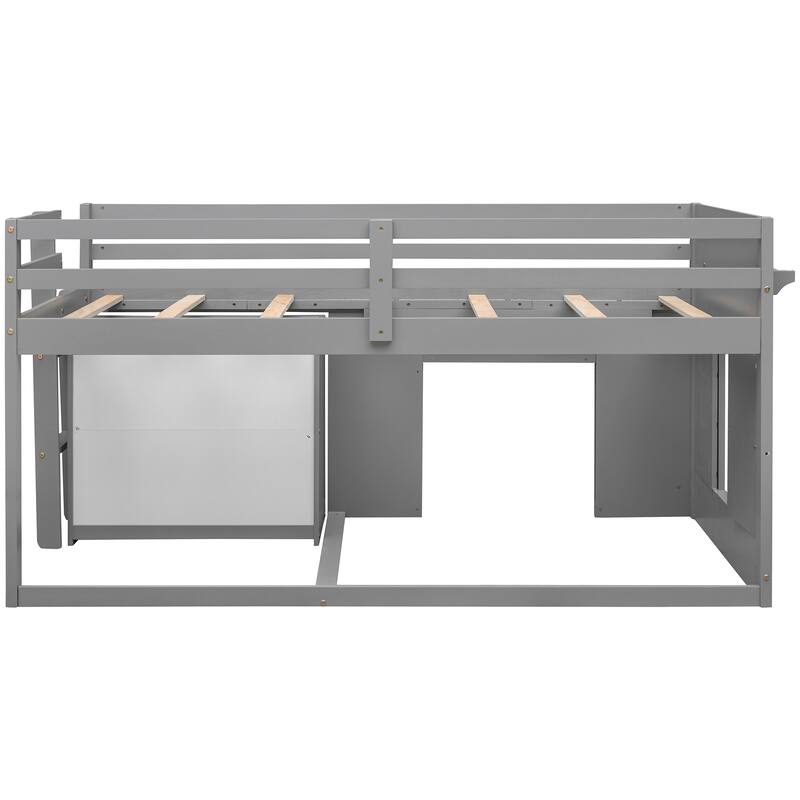 Compact Twin Loft Bed with Storage Cabinet and Shelf in Gray