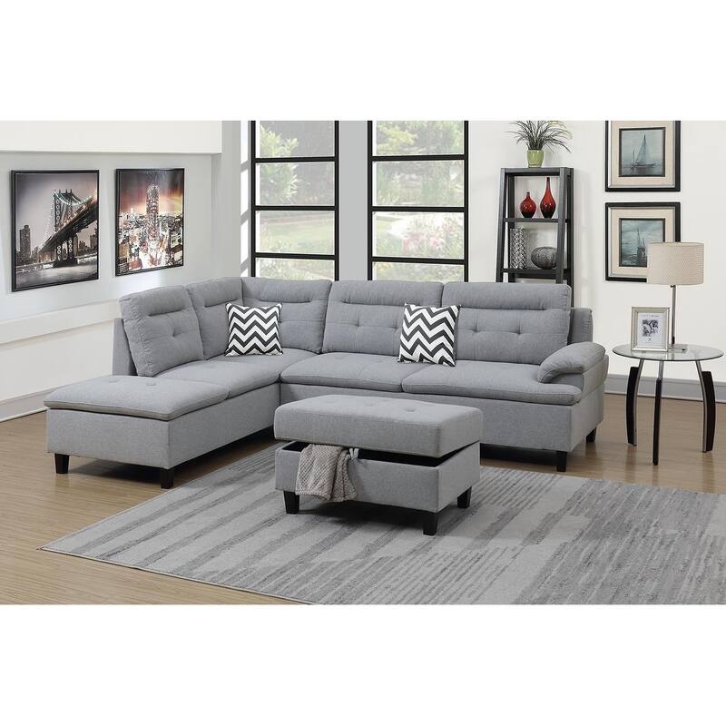 Bobkona Zane Linen 3-piece Sectional Set with Cocktail Ottoman - Assembly Required - Off-White - Fabric - Solid - Soft - Modern & Contemporary