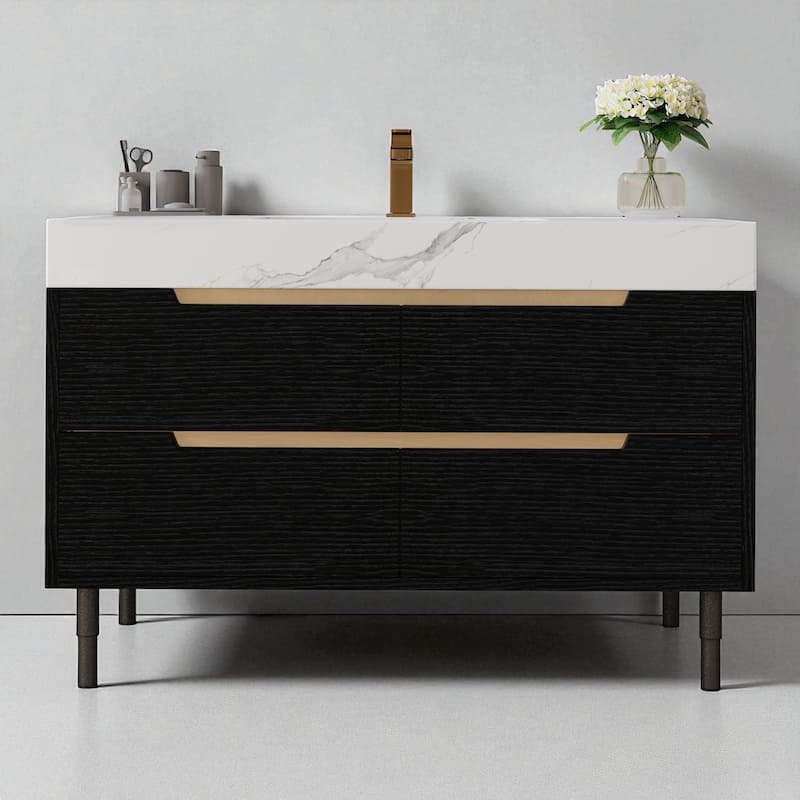 35.4" Modern Bathroom Vanity with Sintered Stone Top, Undermount Sink, 4 Drawers, Freestanding or Wall-Mounted - Black