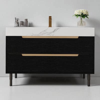 35.4" Modern Bathroom Vanity with Sintered Stone Top, Undermount Sink, 4 Drawers, Freestanding or Wall-Mounted