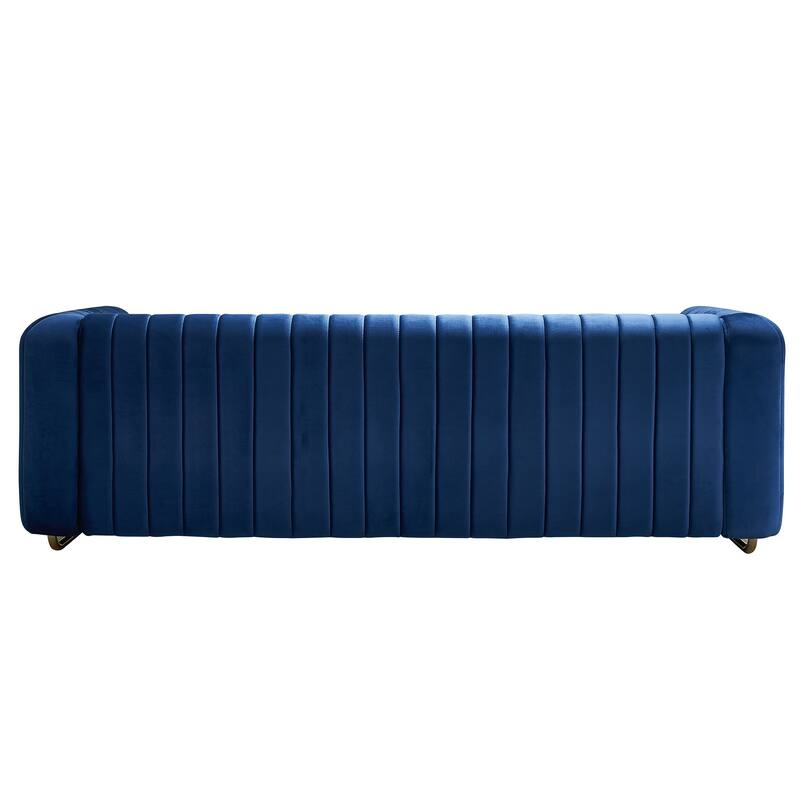 Modern Velvet Sofa with Channel Tufting & Gold Steel Legs - 3 Seater Couch