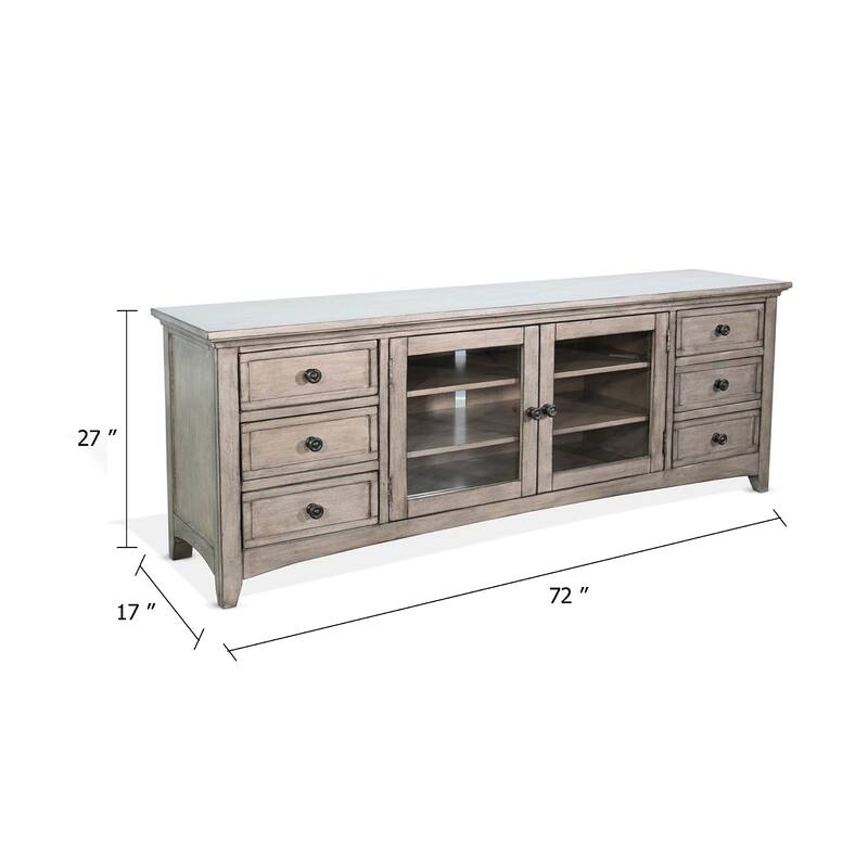 Xyla 72 Inch TV Stand Media Cabinet, Glass Door, 6 Drawers, Gray