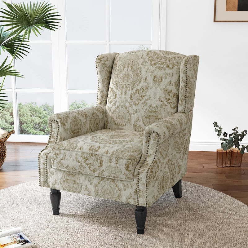 Mid-Century Modern Linen/ Vegan Leather Wing Back Accent Chair