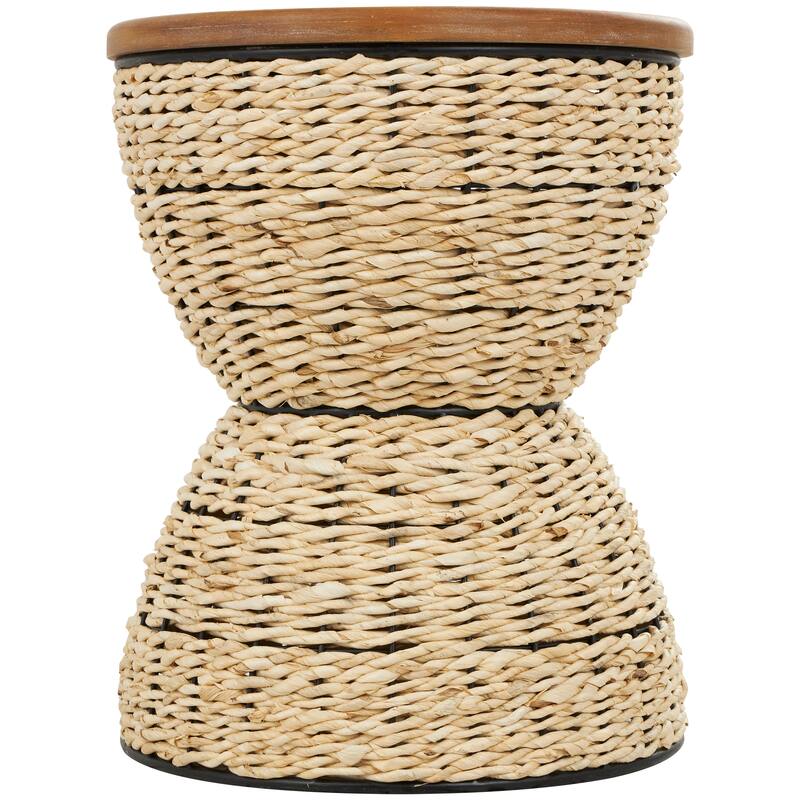 Light Brown or Brown Rattan Handmade Woven Side End Accent Table with Wood Tabletop and Black Frame