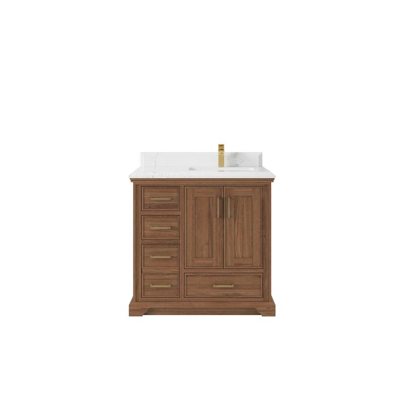 Willow Collections 36 in. W x 22 in. D Charlotte Teak Right Offset Sink Bathroom Solid Teak Vanity with Countertop - 1.5”Empira White - Dark Natural