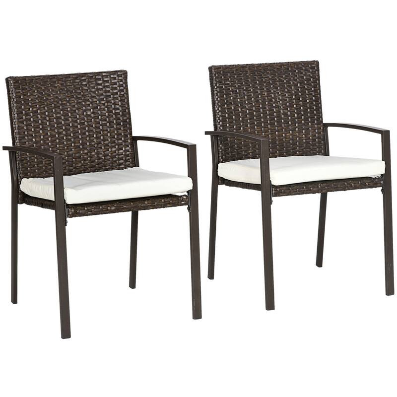 Outsunny 2-Piece PE Rattan Outdoor Dining Chair Set, Wicker Patio Chairs with Cushions, Backrest & Armrests for Deck, Garden - White+Black