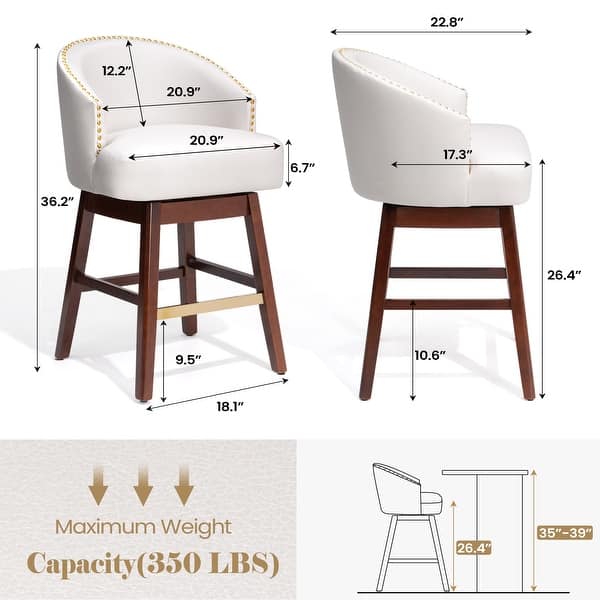 dimension image slide 6 of 10, Bar Stools PU Leather / Linen Fabric Upholstered Solid Wood Swivel Barstool Set of 2/4