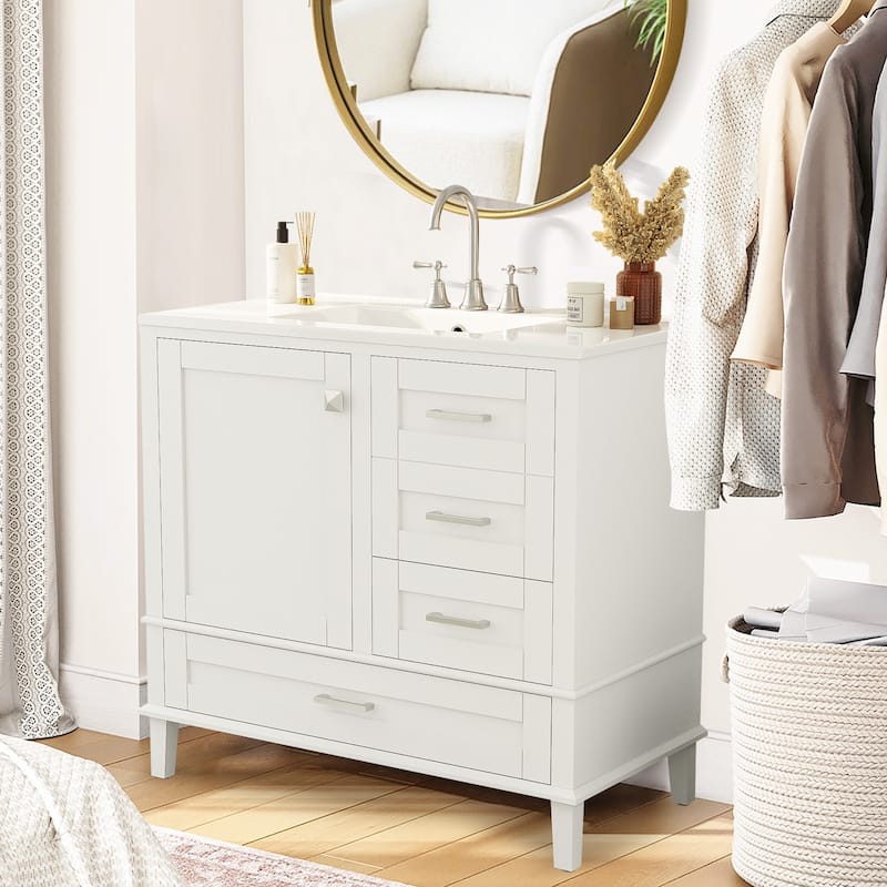 36" Bathroom Vanity with Ceramic Sink,Solid Pine Frame