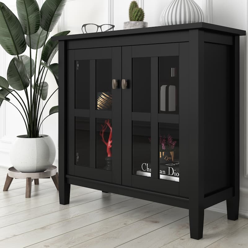 WYNDENHALL Norfolk SOLID WOOD 32 inch Wide Transitional Low Storage Cabinet - 32"w x 14"d x 31" h - Black