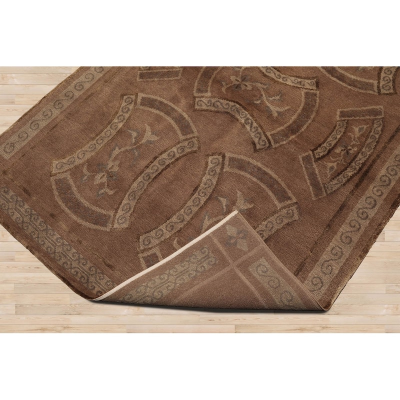 Hand Knotted Tibetan Taupe All-Over Wool & Silk Transitional Area Rug - 3' 10'' x 5' 8''