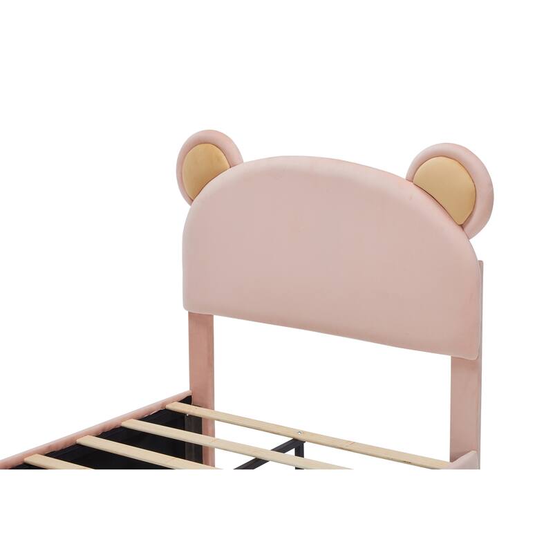 Pink Twin Size Upholstered Platform Bed with Bear Ears Headboard, Storage Stools, No Box Spring Needed, for Kids and Teens