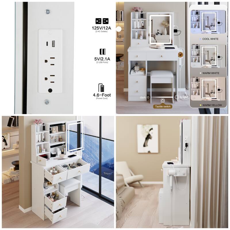 29.2" Vanity Set with LED Mirror, Charging Station & Hair Dryer Stand