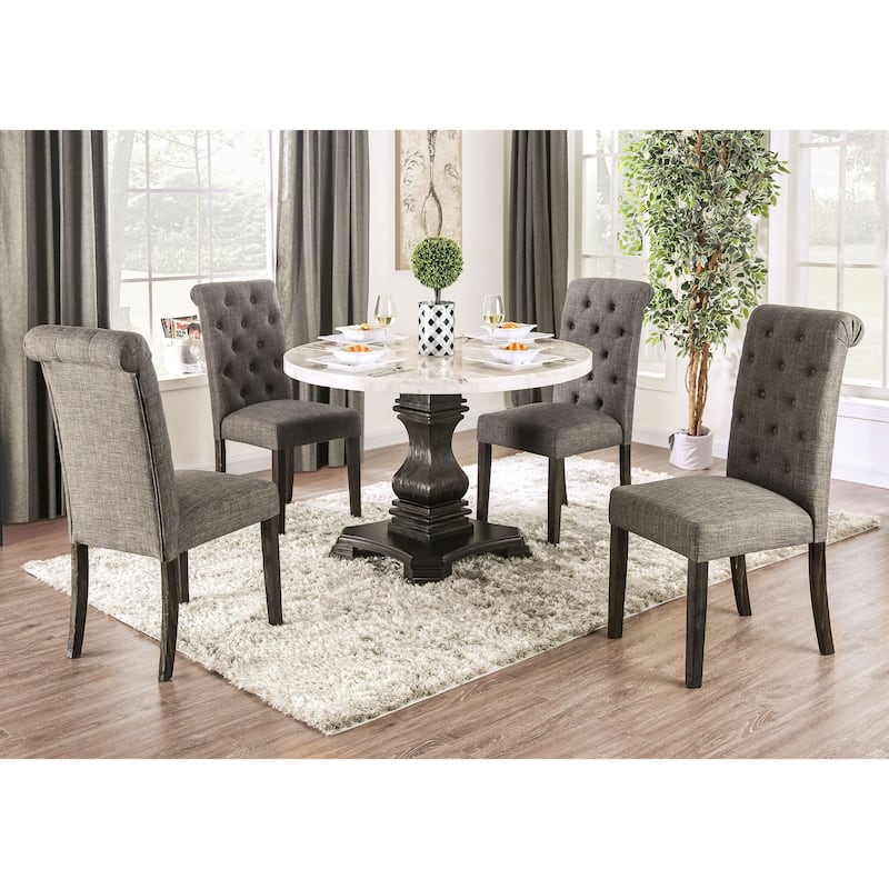 Brec Farmhouse Marble Top 5-Piece Round Dining Table Set with Tufted Chairs by Furniture of America - Grey