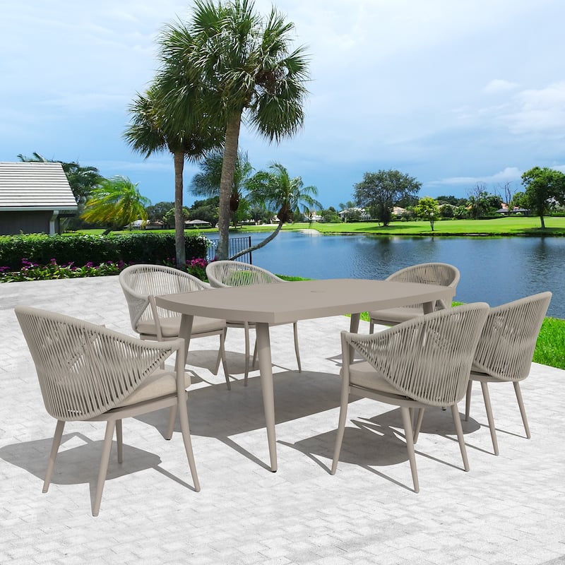 Patio 7-Piece Dining Set with Cushions and Pillows, Umbrella Hole - Beige