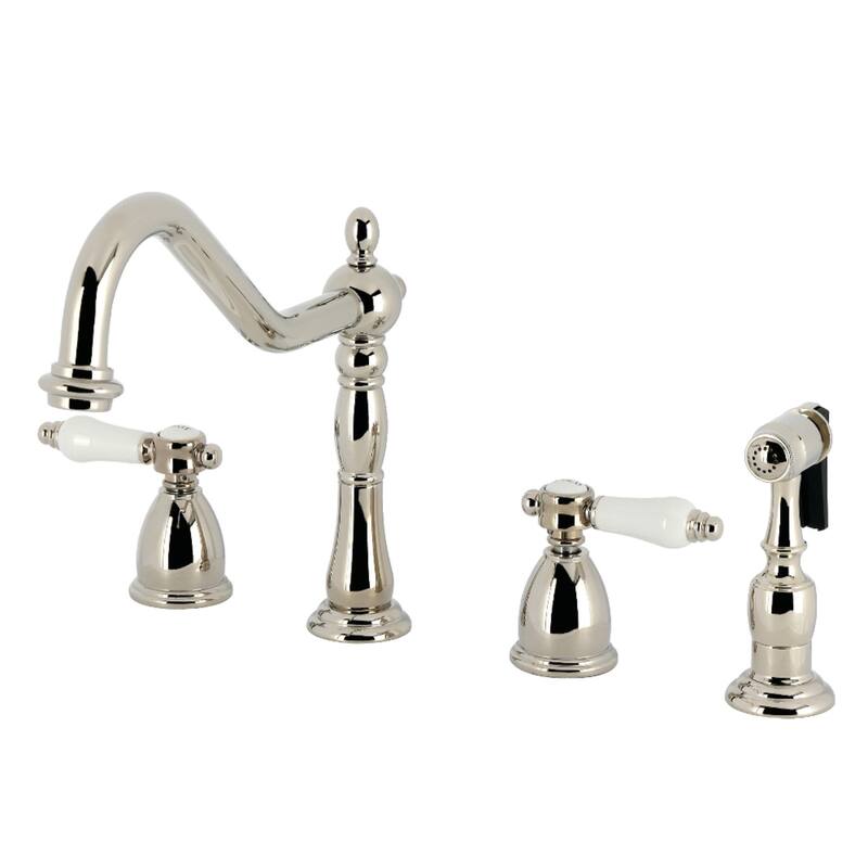 Kingston Brass Heritage Porcelain Kitchen Faucet with Side Spayer - 16'' (L) x 9-1/16'' (W) x 9-3/8'' (H) - Polished Nickel