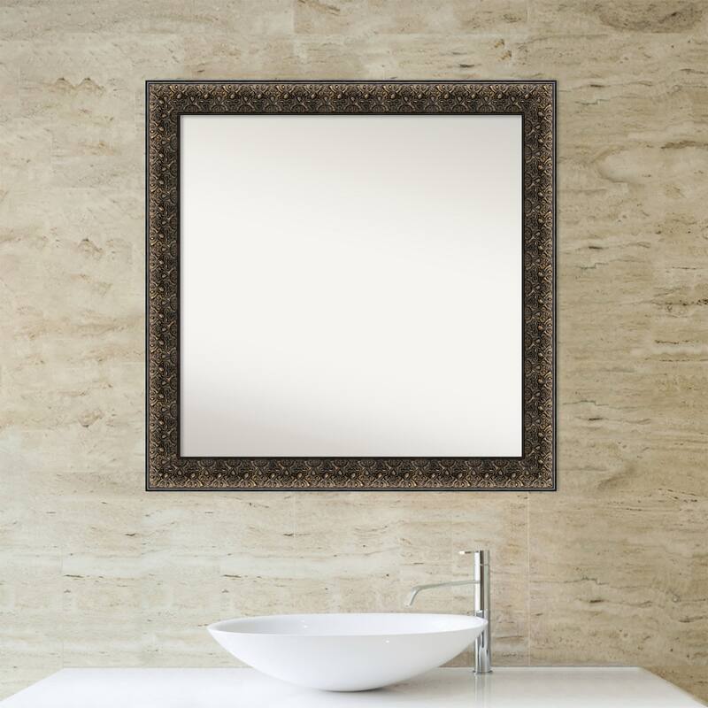 Non-Beveled Wood Bathroom Wall Mirror - Intaglio Embossed Black Frame