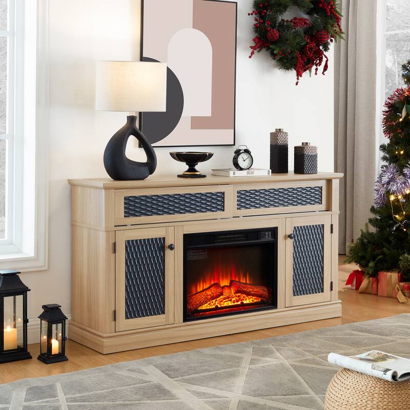 Modern Fireplace TV Stand with Sliding Door, Open and Closed Storage Space, for Living Rooms and Bedrooms, Light Oak