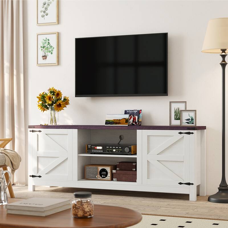 EROMMY Solid Wood TV Stand, Modern Entertainment Center with Glass Doors & Adjustable Shelves.