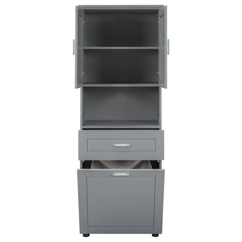 Tall Bathroom Cabinet with Tilt-Out Laundry Basket and Upper Storage Cabinet