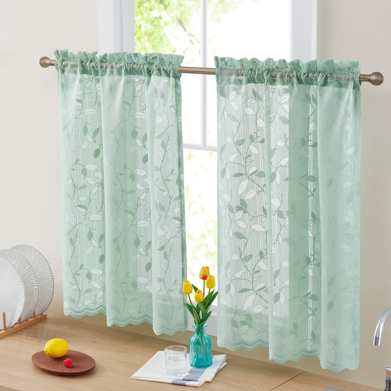 HLC.me Joyce Lace Sheer Kitchen Cafe Curtain Tiers for Small Windows, Kitchen & Bathroom - Tier - 30 W x 36 L per panel - Set of 2 - Seafoam Green