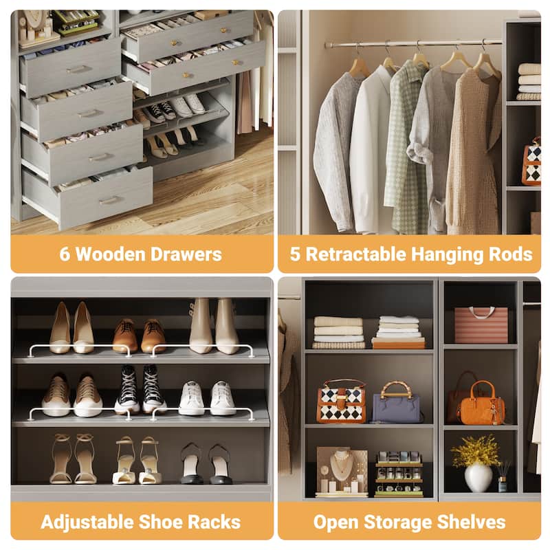Set of 2 Closet Organizer System with Wood Drawers, Amoire Wardrobe with Hanging Rods