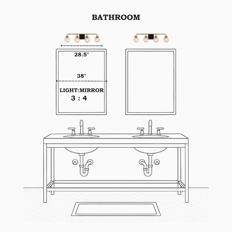 Modern Classic 4-Light Black Gold Bathroom Linear Vanity Lights Globe Glass Wall Sconces for Bathroom Sconces