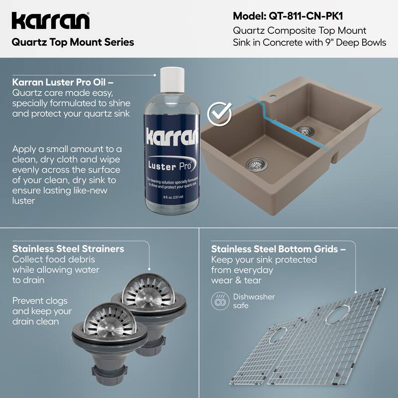 Karran 33" Top Mount Large/Small Bowl Quartz Kitchen Sink Kit - 33" x 22" x 9"