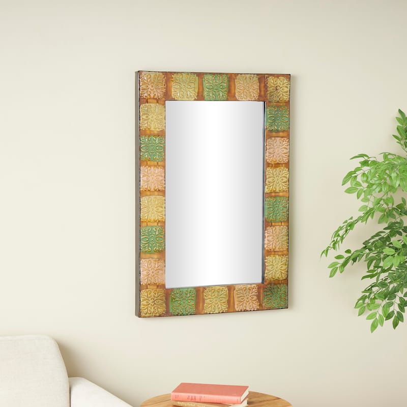 Multi Colored Metal Floral Room Wall Mirror with Embossed Metal