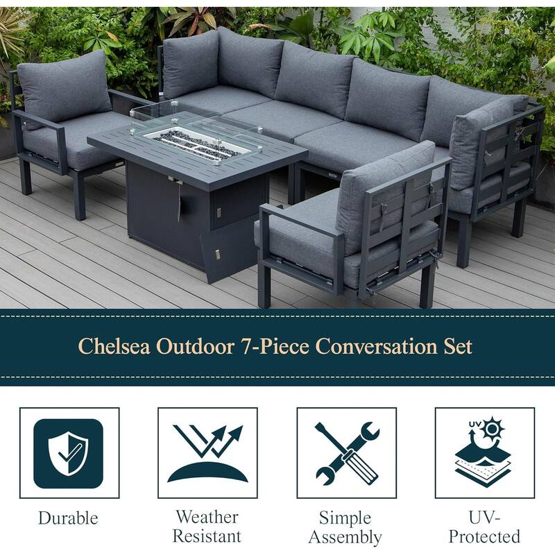 Chelsea 7-Piece Outdoor Patio Sectional Set with Firepit Table in Black Aluminum for Backyard Garden and Patio Deck