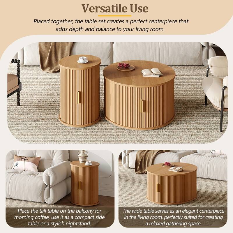 Mid-Century Modern Coffee & End Table Set with Tambour Doors - 2-Piece Wood Finish Living Room Storage