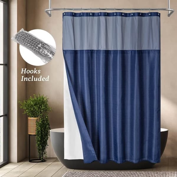 slide 2 of 14, Slub Linen Texture Shower Curtain with Snap-in Liner 12 Hooks Included 71"Wx72"L - Navy Blue