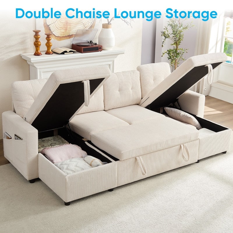 W103" Corduroy 4-Seater Modular Sleeper Sofa Bed with Storage Chaise,U-shaped Sofa with Pull-out Bed