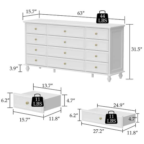 dimension image slide 1 of 2, 12 Drawer Closet 63'' W Dresser White Chest Srorage Cabinet Lacquer
