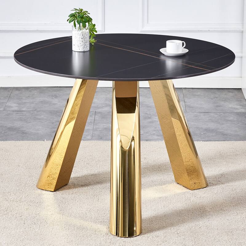 42 Inch Granite Round Dining Table Coffee Table with Stainless Steel Legs - Gold