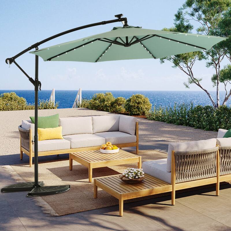 HOMEFUN 10ft Solar LED Offset Hanging Market Patio Umbrella - Light Green