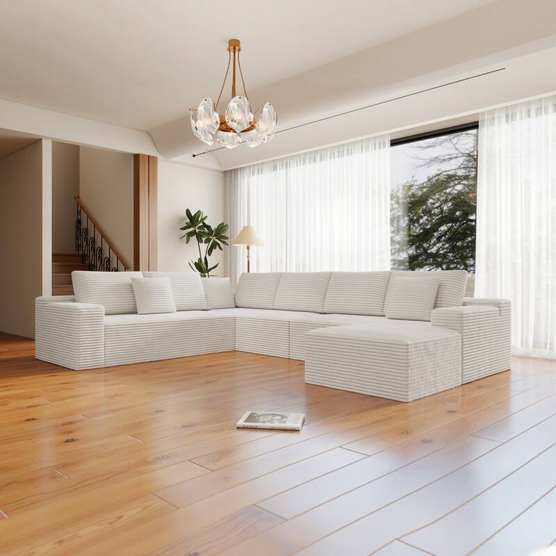Roomfitters 137.8" Modular Sectional Sofa, 4-Piece Compressed Cloud Couch, No Assembly Required, Plush Corduroy, White