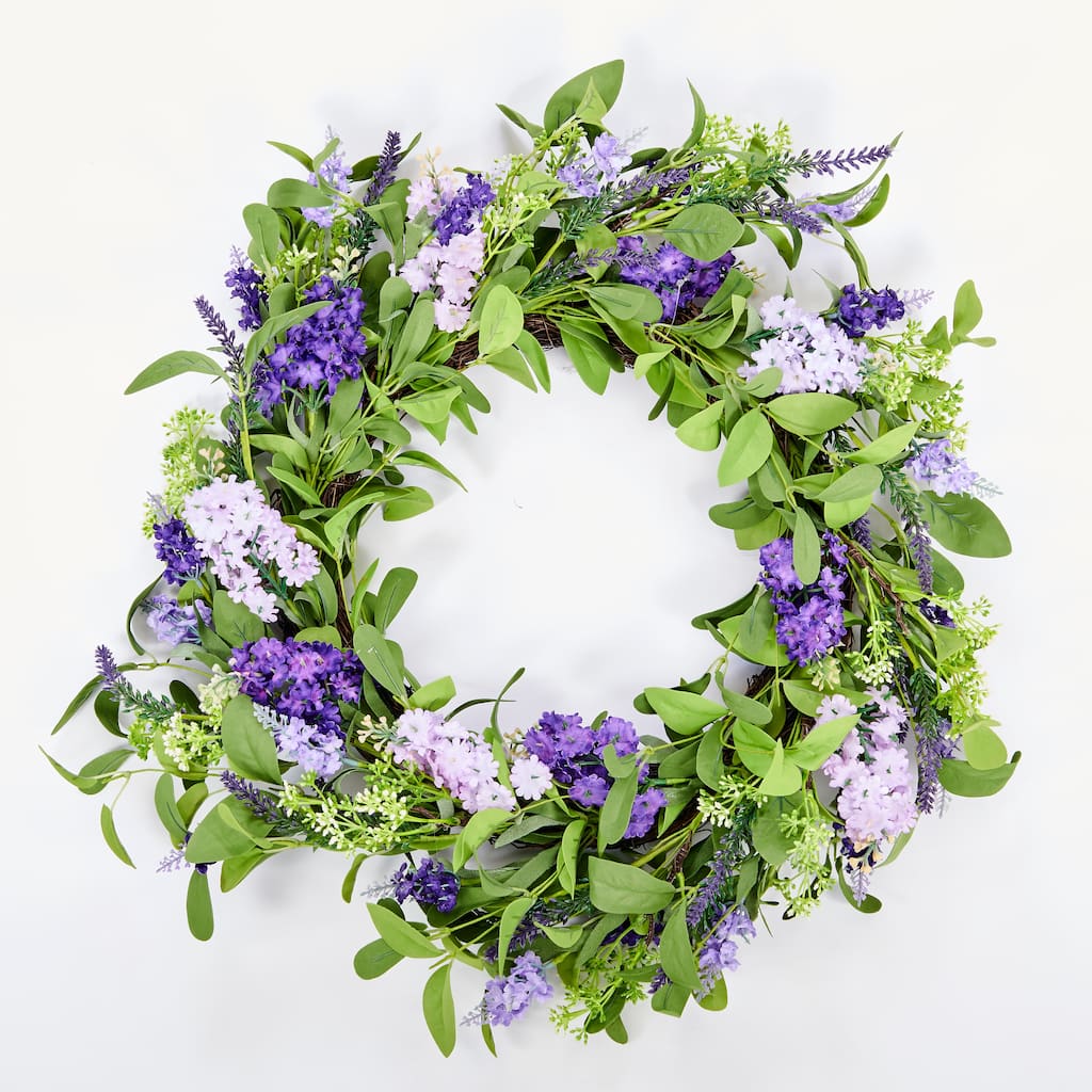 24" Artificial Spring Lavender and Green Leaves Wreath on Natural Twig Base