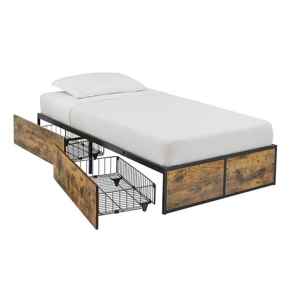 slide 2 of 24, iNSPIRE Q Modern Youngstown Wood Finish Panel Black Metal Twin Platform Bed with Storage Drawers Wood Finish Panel Black Metal