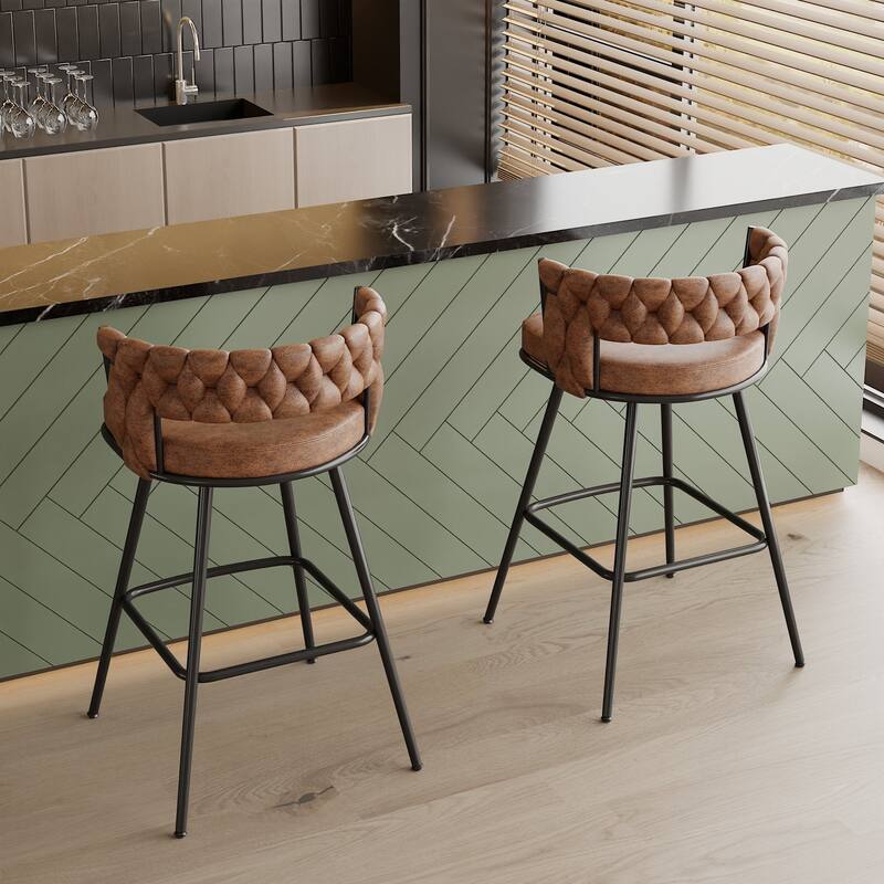 VECELO Counter Height Bar Stools with Woven Backrest 26.77" Seat Height Mid-Century Modern Upholstered Bar Chairs for Kitchen
