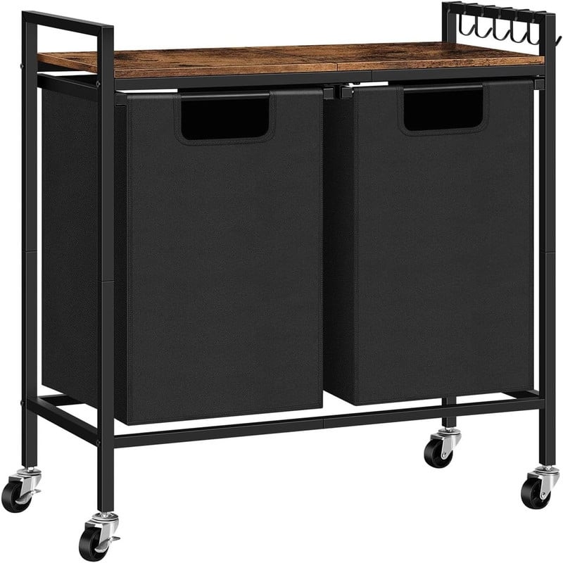 Laundry Hamper Sorter 2 Section Laundry Basket Organizer with Wheels - 28.2"D x 11.8"W x 30.9"H - Brown