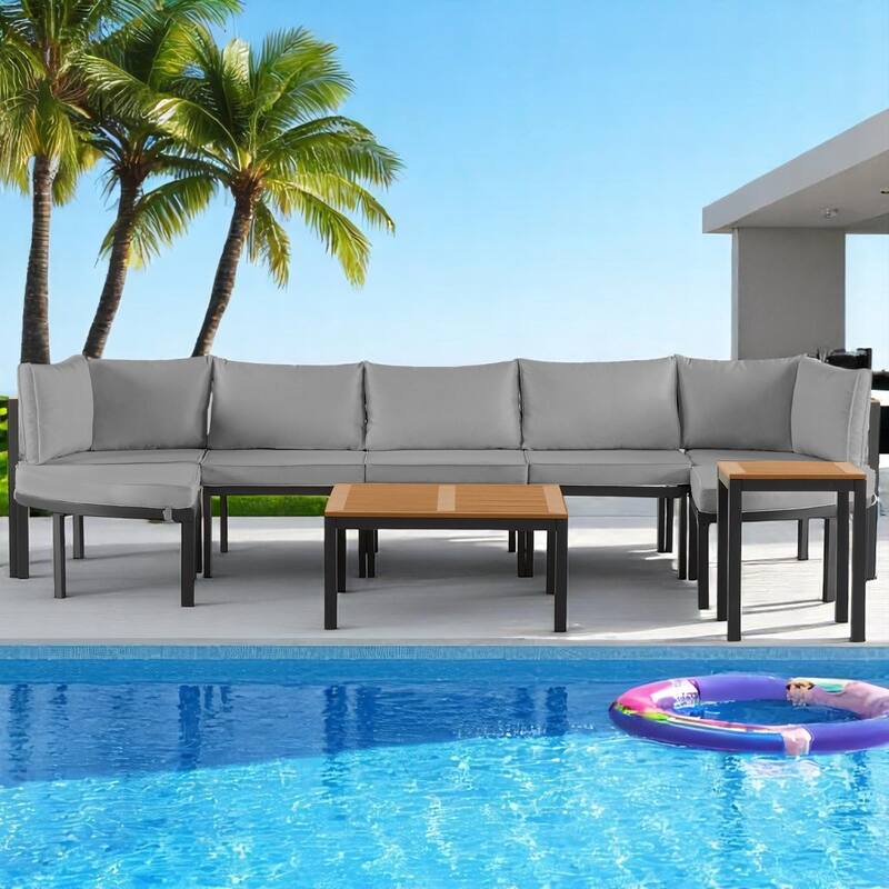 6-Piece Outdoor Patio Sectional Sofa Set with WPC Coffee Table, Side Table, Water-Resistant Cushions,outdoor Conversation Set