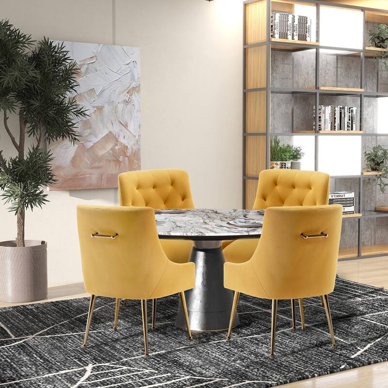 SEYNAR Modern Velvet Dining Chairs Set of 4, Upholstered Accent Chair Tufted Back Armless Chair with Back Pull - Yellow