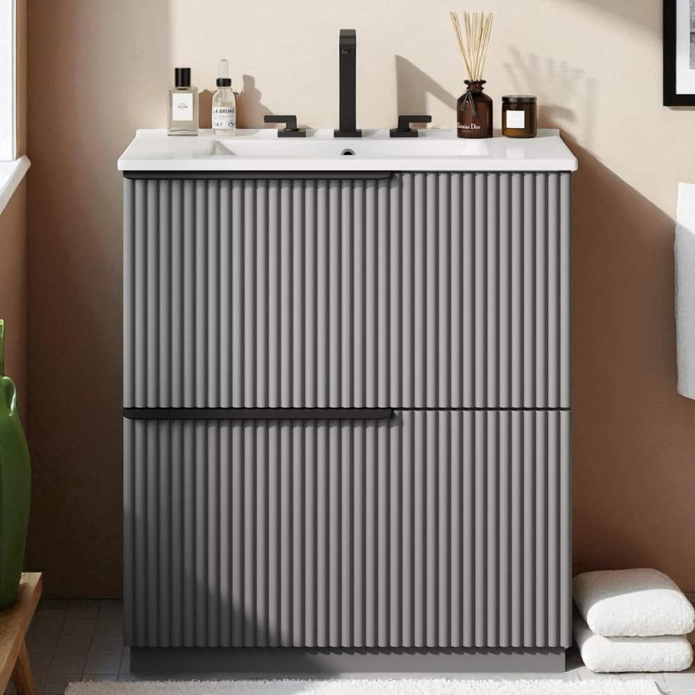30" Bathroom Vanity with Ceramic Sink, Full-Extension Drawers, Soft Close Slides, and Fluted Design