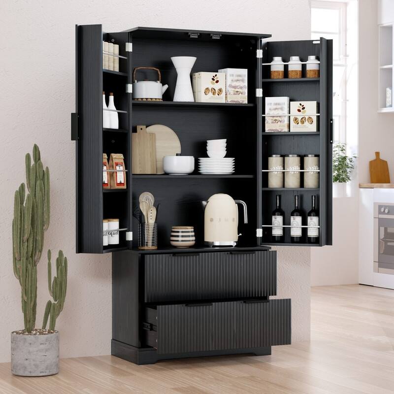 72" Fluted Kitchen Pantry Cabinet, Freestanding Cupboard Storage Cabinet with 2 Drawers for Smart Organization