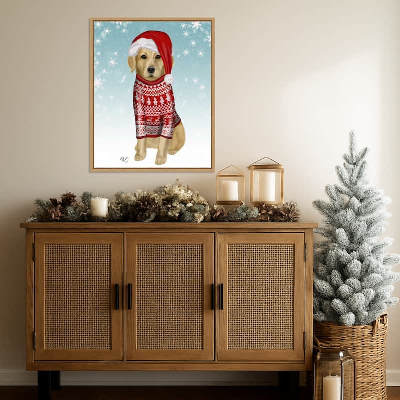 Golden Retriever in Christmas Sweater by Fab Funky (23 x 28 in.), Framed Canvas Wall Art Print - Sylvie Natural