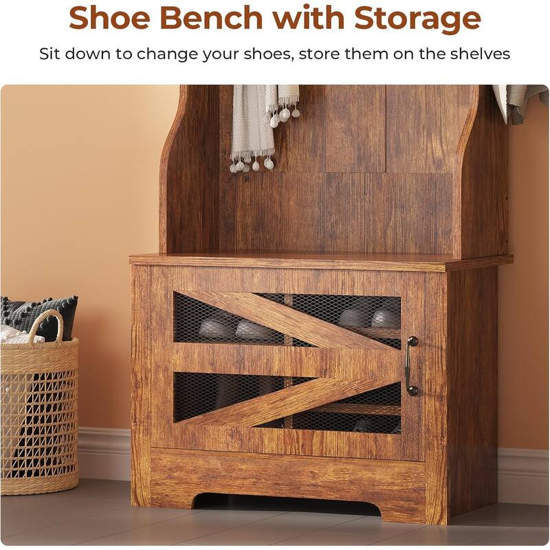 Hall Tree w/ Bench Shoe Storage Shoe Cubby Barn Door Adjustable Shelf