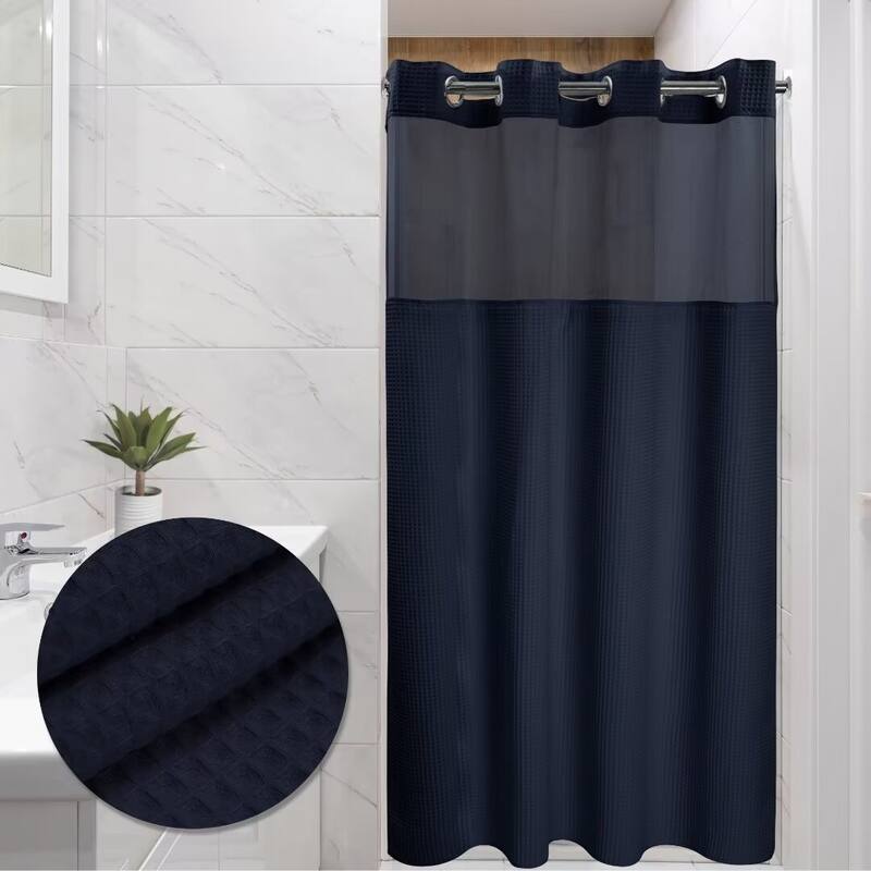 Cotton Blend Honeycomb Waffle Weave Shower Curtain with Snap-in Liner